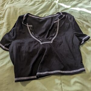 SHEIN Black Ribbed Top with White Stitching